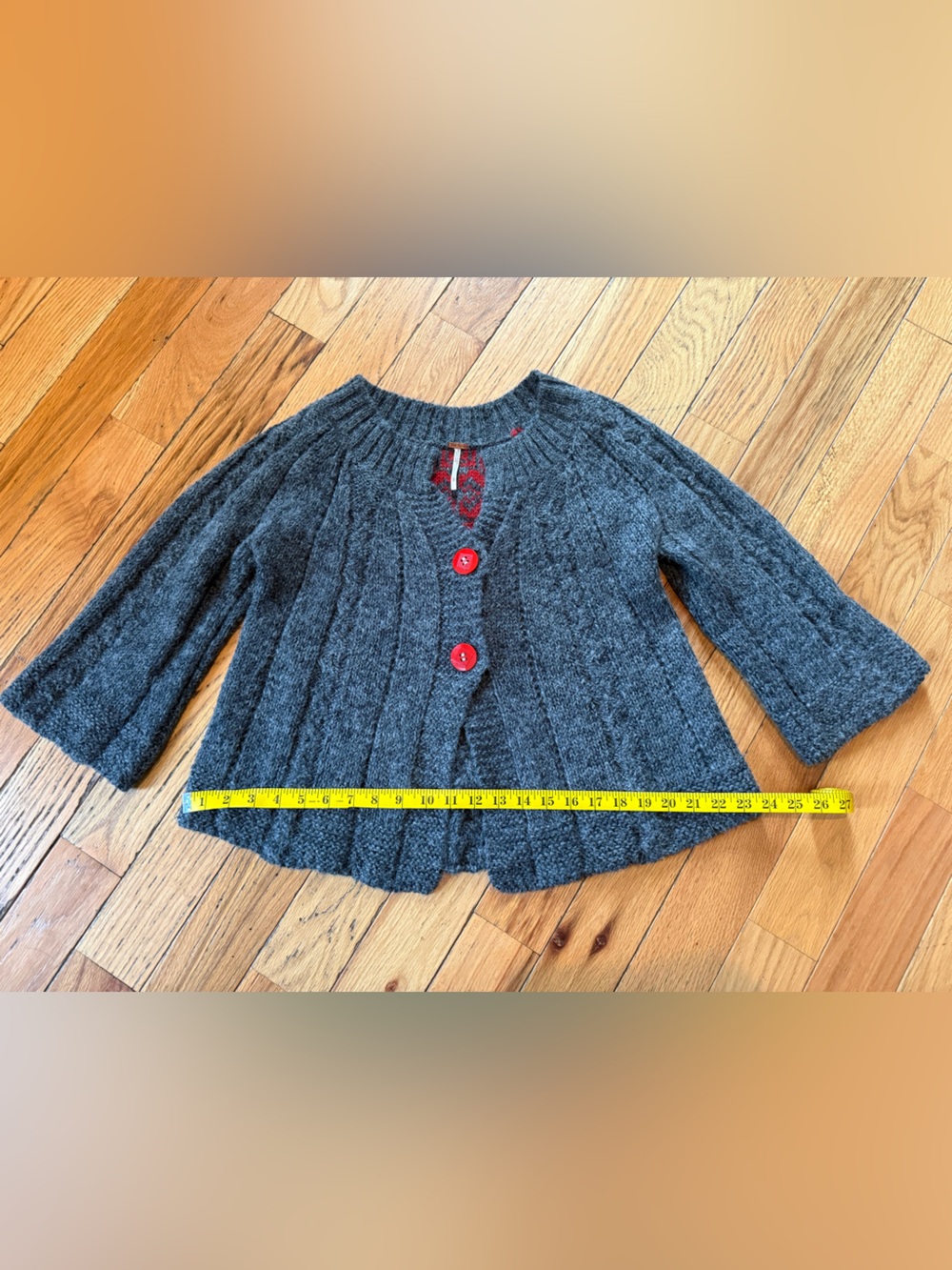 FREE PEOPLE ALPACA BLEND SHORT SWING CHUNKY CARDIGAN GRAY/RED WOMEN’S SIZE L - Picture 10 of 13
